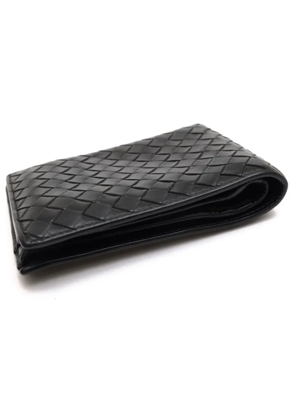 Bottega Veneta Wallet Leather Black Bifold with Coin Purse Mesh Intrecciato
